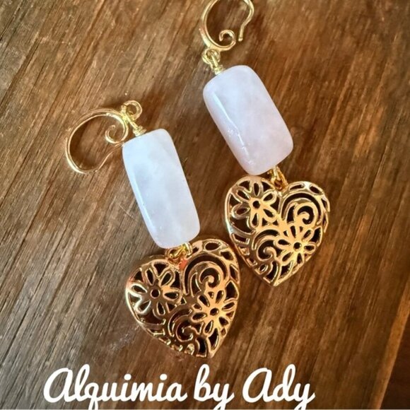 Gold pastel pink quartz statement earrings - Picture 1 of 1